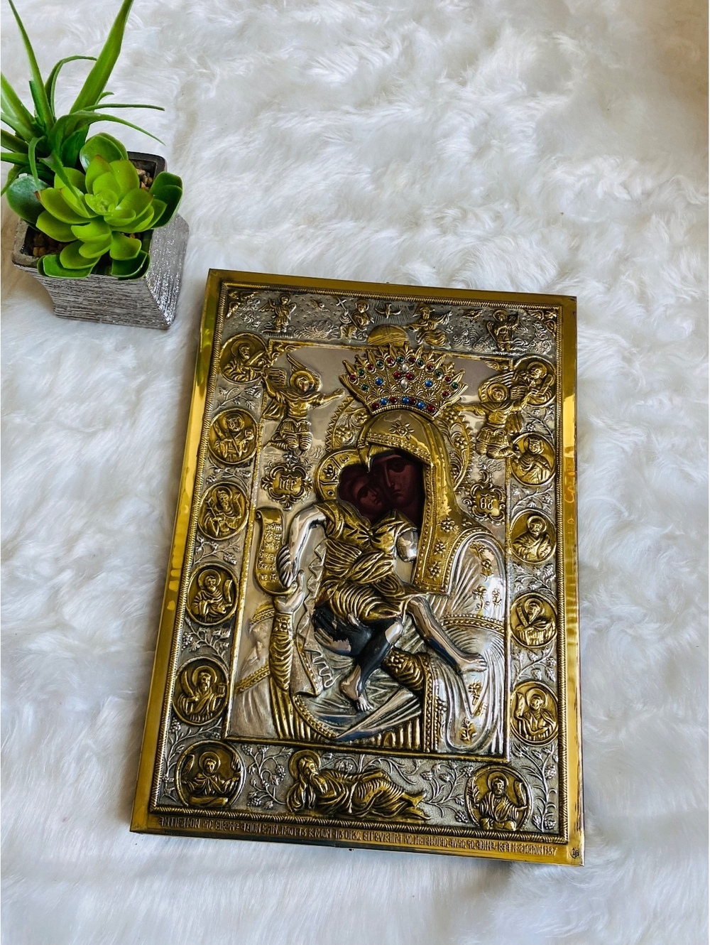 Virgin Mary Child Religious Icon Ornate Metal Frame Jeweled